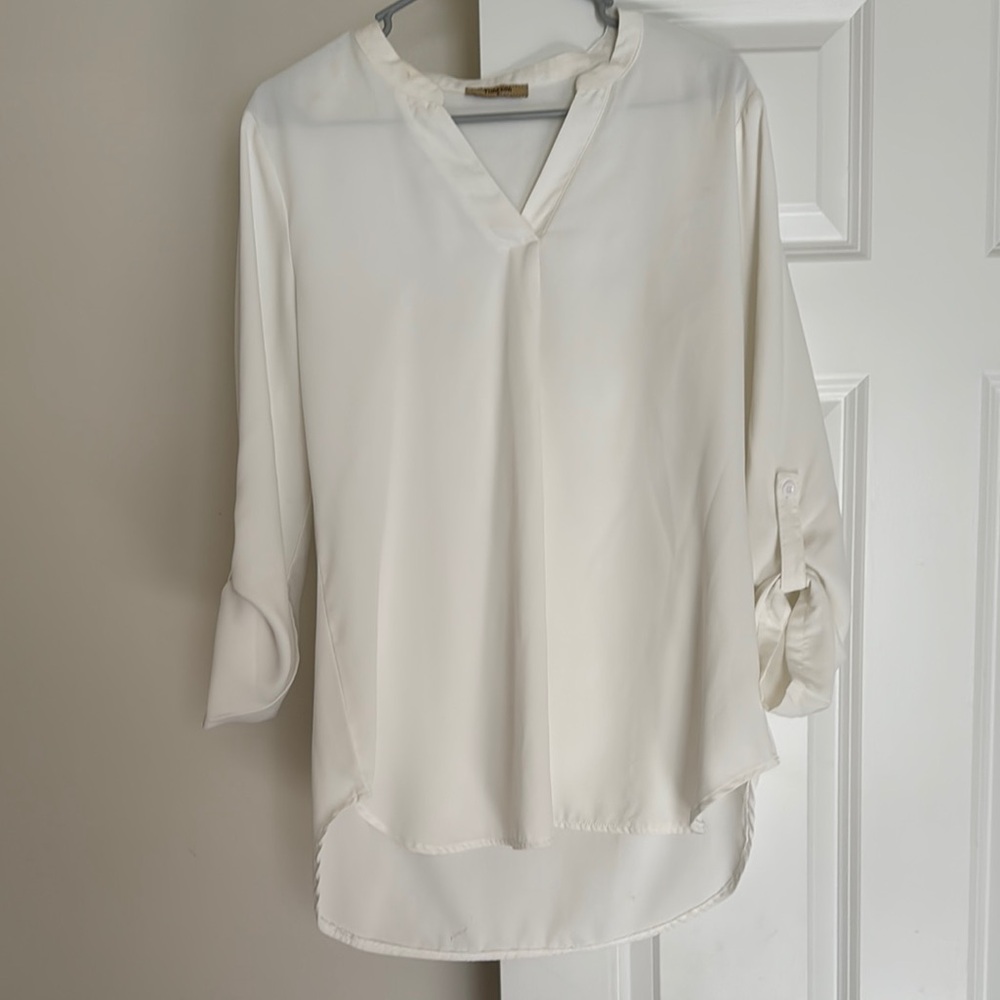 Cream Relaxed 3/4 Sleeve Blouse with Mandarin Collar